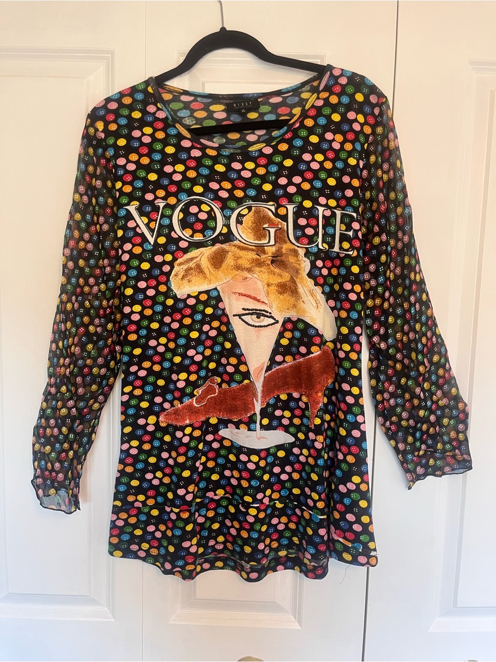Vogue Black Multicolor Polka Dot Long Sleeve Top with Graphic Appliqué